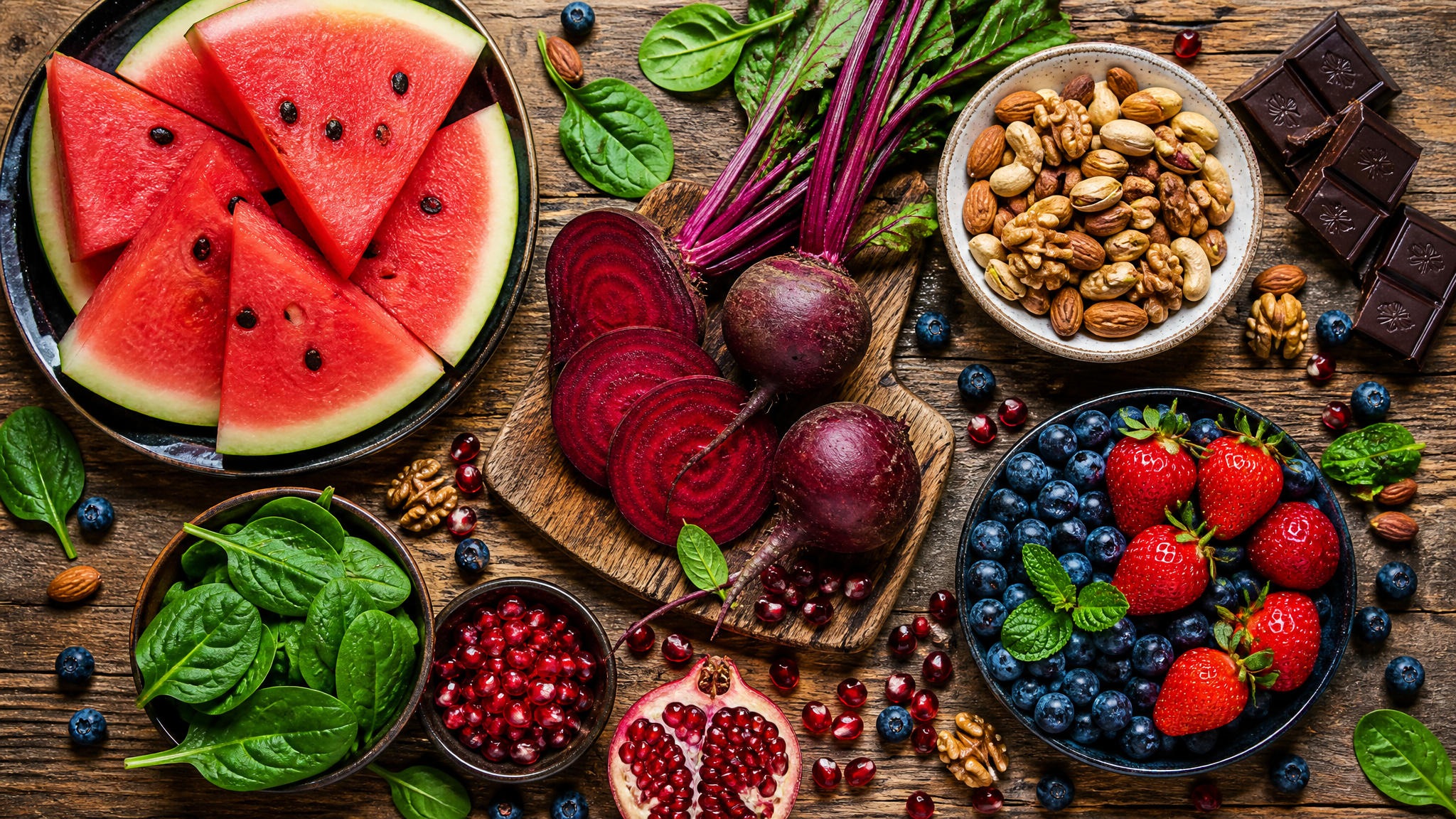 Flat-lay van watermeloen, bieten, spinazie, bessen, noten en chocolade — voeding die erectie verbetert